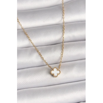 ÇOK SATAN 316L Çelik Gold Renk Beyaz Yonca Model Kadın Kolye