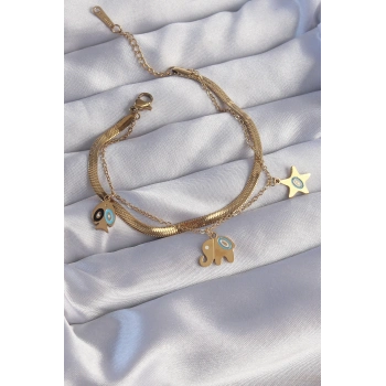 ÇOK SATAN 316L Çelik Gold Renk Çift Zincir Çoklu Aksesuarlı Bileklik