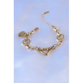 ÇOK SATAN 316L Çelik Gold Renk Kalp Figür Zincir Model Kadın Bileklik