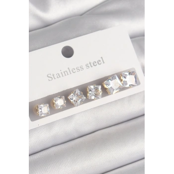 ÇOK SATAN 316L Çelik Gold Renk Kare Zirkon Taş Model Kadın Küpe Seti