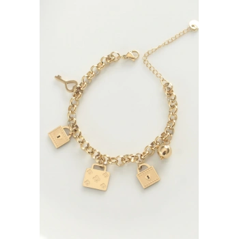 ÇOK SATAN 316L Çelik Gold Renk Karışık Aksesuarlı Oval Zincir Bileklik