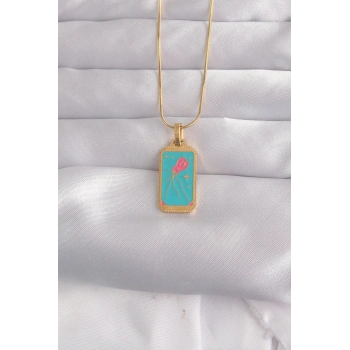 ÇOK SATAN 316L Çelik Gold Renk Mavi Mineli Tarot Kolye