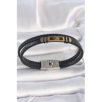 ÇOK SATAN 316L Çelik Gold Renk Örümcek Figür Çift Sıra Burgu Desenli Deri Kordon Erkek Bileklik
