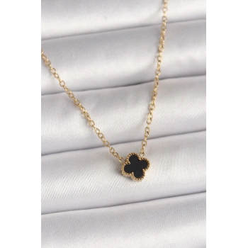 ÇOK SATAN 316L Çelik Gold Renk Siyah Yonca Model Kadın Kolye