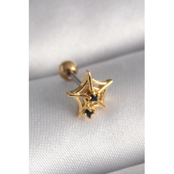 ÇOK SATAN 316L Çelik Gold Renk Siyah Zirkon Taş Detay Örümcek Ağ Model Tragus Piercing