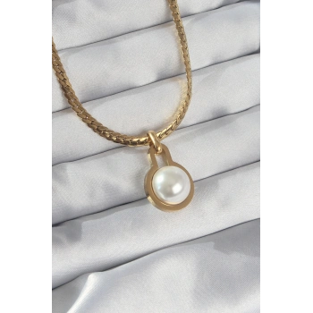 ÇOK SATAN 316L Çelik Gold Renk Yassı Zincir İnci Taşlı Kolye