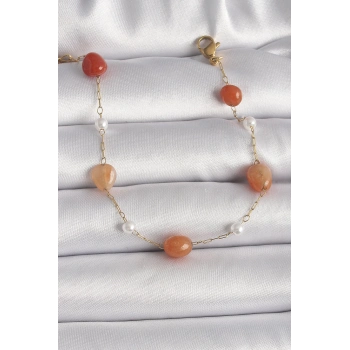 ÇOK SATAN 316L Çelik Gold Renk Zincir Turuncu Doğaltaş Model İnci Detay Kadın Bileklik