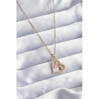 ÇOK SATAN 316L Çelik Gold Renk Zincir Zirkon Taşlı Kalp Model Kadın Kolye