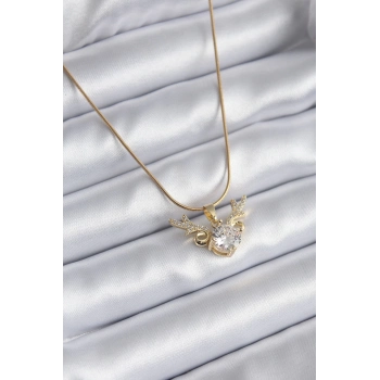ÇOK SATAN 316L Çelik Gold Renk Zirkon Taşlı Boynuz Model Kadın Kolye