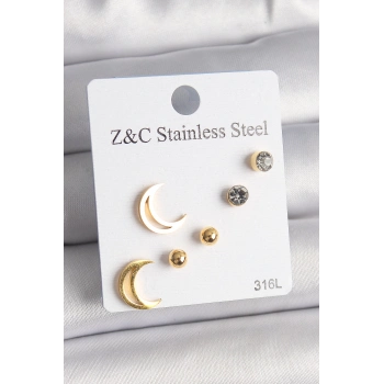 ÇOK SATAN 316L Çelik Gold Renk Zirkon Taşlı Hilal Model Kadın Küpe Seti