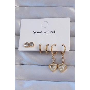 ÇOK SATAN 316L Çelik Gold Renk Zirkon Taşlı Kalp Model Halka Küpe Seti