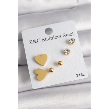 ÇOK SATAN 316L Çelik Gold Renk Zirkon Taşlı Kalpli Kadın Küpe Seti