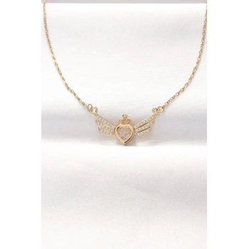 ÇOK SATAN 316L Çelik Gold Renk Zirkon Taşlı Kalpli Kanat Kolye