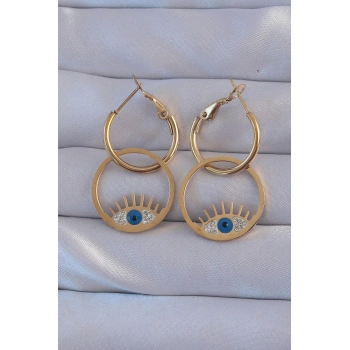 ÇOK SATAN 316L Çelik Gold Renk Zirkon Taşlı Mavi Göz Tasarımlı Halka Küpe