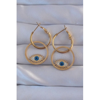 ÇOK SATAN 316L Çelik Gold Renk Zirkon Taşlı Mavi Göz Tasarımlı Halka Küpe