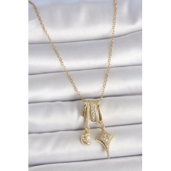 ÇOK SATAN 316L Çelik Gold Renk Zirkon Taşlı Sallantı Ay Yıldız Figür Charm Kadın Kolye