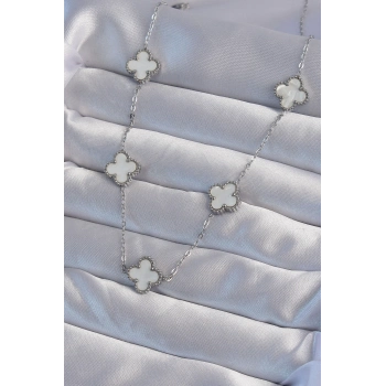 ÇOK SATAN 316L Çelik Gümüş Renk Beyaz Sedefli Yonca Kolye