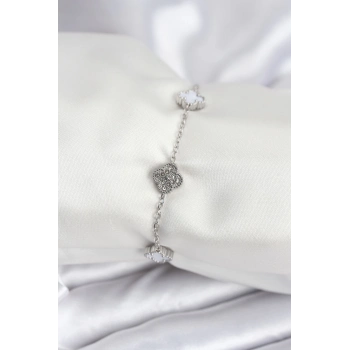ÇOK SATAN 316L Çelik Gümüş Renk Beyaz ve Zirkon Taşlı Baby Boy Yonca Kadın Bileklik