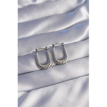 ÇOK SATAN 316L Çelik Gümüş Renk Dikdörtgen Tasarımlı Tırtıklı Küpe