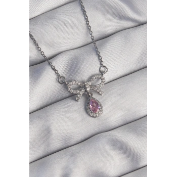 ÇOK SATAN 316L Çelik Gümüş Renk Fiyonk Detay Pembe Zirkon Taşlı Damla Kolye