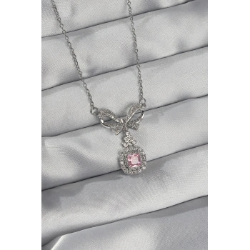 ÇOK SATAN 316L Çelik Gümüş Renk Fiyonk Detay Pembe Zirkon Taşlı Tektaş Kolye