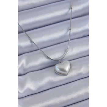 ÇOK SATAN 316L Çelik Gümüş Renk İncili Kalp Model Minimal Top Detay Kadın Kolye