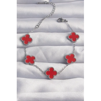 ÇOK SATAN 316L Çelik Gümüş Renk Kırmızı Mineli Yonca Bileklik