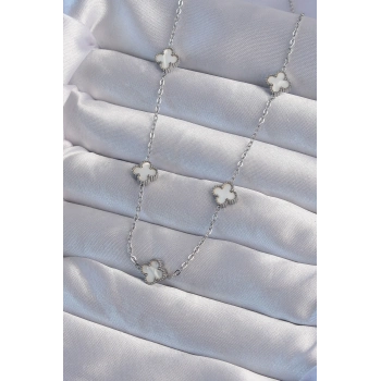 ÇOK SATAN 316L Çelik Gümüş Renk Minimal Beyaz Sedefli Yonca Kolye