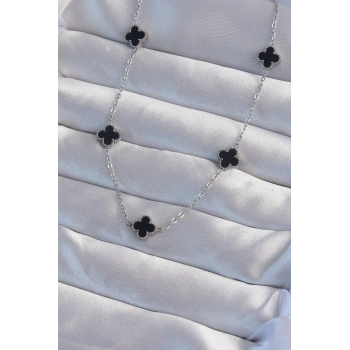 ÇOK SATAN 316L Çelik Gümüş Renk Minimal Siyah Mineli Yonca Kolye