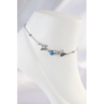 ÇOK SATAN 316L Çelik Gümüş Renk Nazar Boncuk Detay Kelebek Halhal