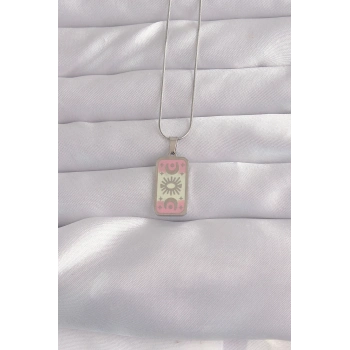 ÇOK SATAN 316L Çelik Gümüş Renk Pembe Mineli Ay Figür Tarot Kolye