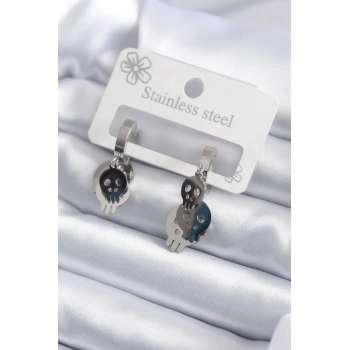 ÇOK SATAN 316L Çelik Gümüş Renk Sallantı Kuru Kafa Model Kadın Küpe