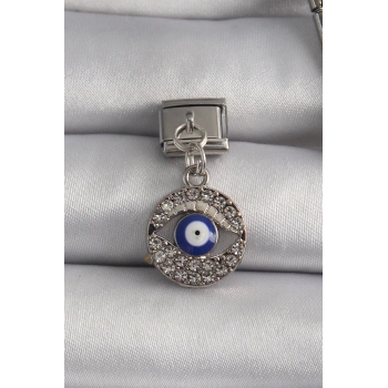 ÇOK SATAN 316L Çelik Gümüş Renk Sallantı Zirkon Taşlı Göz Model Nazar Boncuk Detay Nomination Charm