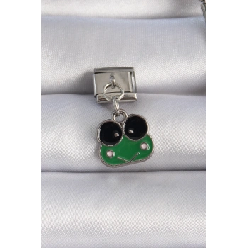 ÇOK SATAN 316L Çelik Gümüş Renk Sallantılı Yeşil Kurbağa Figür Nomination Charm