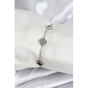 ÇOK SATAN 316L Çelik Gümüş Renk Siyah ve Zirkon Taşlı Baby Boy Yonca Kadın Bileklik