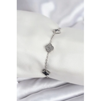 ÇOK SATAN 316L Çelik Gümüş Renk Siyah ve Zirkon Taşlı Baby Boy Yonca Kadın Bileklik