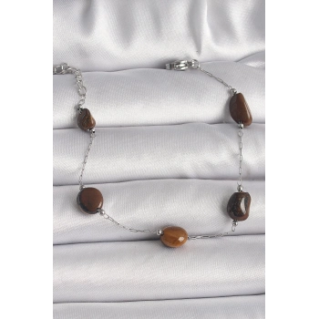 ÇOK SATAN 316L Çelik Gümüş Renk Zincir Kahverengi Doğaltaş Model Kadın Bileklik