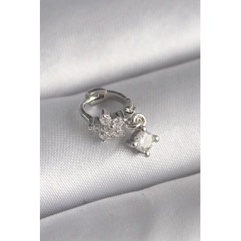 ÇOK SATAN 316L Çelik Gümüş Renk Zirkon Taşlı Çiçek Model Sallantı Detay Tragus Piercing