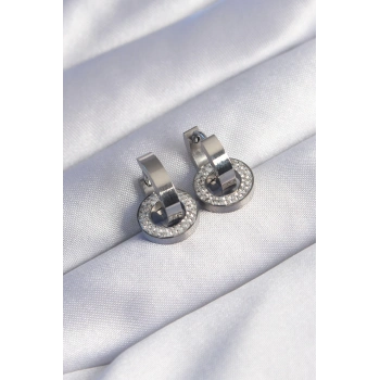 ÇOK SATAN 316L Çelik Gümüş Renk Zirkon Taşlı İç İçe Geçmeli Oval Küpe