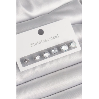 ÇOK SATAN 316L Çelik Gümüş Renk Zirkon Taşlı Kadın Küpe Seti