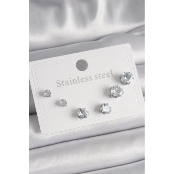 ÇOK SATAN 316L Çelik Gümüş Renk Zirkon Taşlı Kalp Model Kadın Küpe Seti