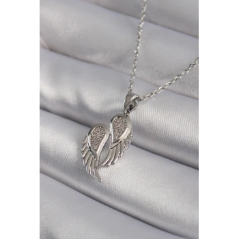 ÇOK SATAN 316L Çelik Gümüş Renk Zirkon Taşlı Kanat Model Kadın Kolye