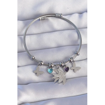 ÇOK SATAN 316L Çelik Gümüş Renk Zirkon Taşlı Kuş Tasarımlı Kelebek Detay Charm Bileklik
