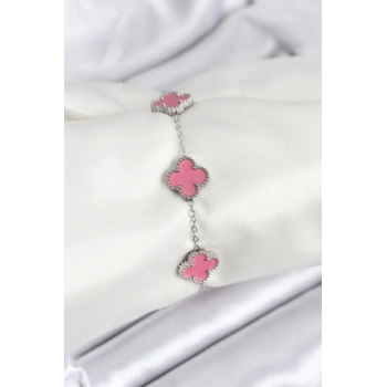 ÇOK SATAN 316L Çelik Gümüş Zincir Pembe Renk Yonca Bileklik