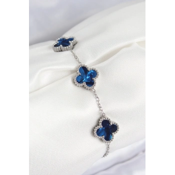 ÇOK SATAN 316L Çelik Sedefli Lacivert Gümüş Renk Yonca Kadın Bileklik