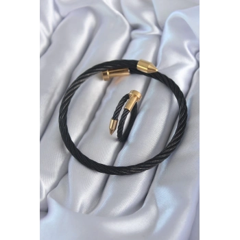 ÇOK SATAN 316L Çelik Siyah Renk Gold Detay Sarmal Model Erkek Bileklik Yüzük Kombini