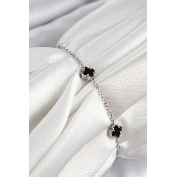 ÇOK SATAN 316L Çelik Siyah Sedef Yonca Model Gümüş Renk Kadın Bileklik