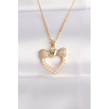 ÇOK SATAN 316L Çelik Zincir Altın Renk İnci Taş Detay Zirkon Taşlı Kalp Kolye