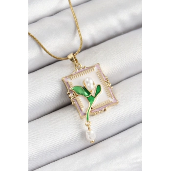 ÇOK SATAN 316L Çelik Zincir Beyaz Sanatsal Portre Sallantılı İnci Detaylı Lale Model Gold Renk Kadın Kolye