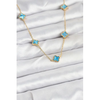 ÇOK SATAN 316L Çelik Zincir Gold Renk Buz Mavisi Baby Boy Yonca Kadın Kolye